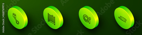 Set Isometric line Engine piston, Car radiator cooling system, Tire pressure gauge and muffler icon. Vector