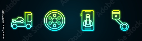 Set line Car transporter truck, Alloy wheel, Online car services and Engine piston. Glowing neon icon. Vector