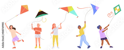 Happy joyful boys and girls children cartoon characters playing with flying kite isolated on white