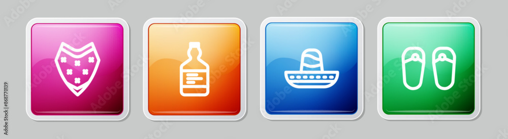 Set line Poncho, Tequila bottle, Mexican sombrero and Flip flops. Colorful square button. Vector Set line Poncho, Tequila bottle, Mexican sombrero and Flip flops. Colorful square button. Vector