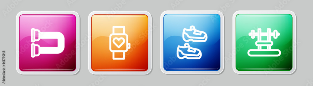 Set line Chest expander, Smart watch, Sport sneakers and Bench with barbel. Colorful square button. Vector