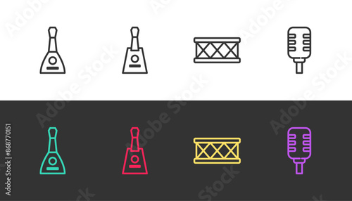 Set line Balalaika, , Drum and Microphone on black and white. Vector