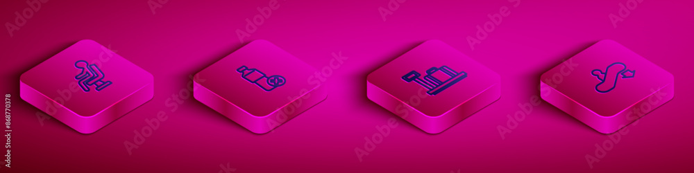Set Isometric line Human waiting in airport terminal, No water bottle, Scale with suitcase and Escalator down icon. Vector Set Isometric line Human waiting in airport terminal, No water bottle, Scale with suitcase and Escalator down icon. Vector