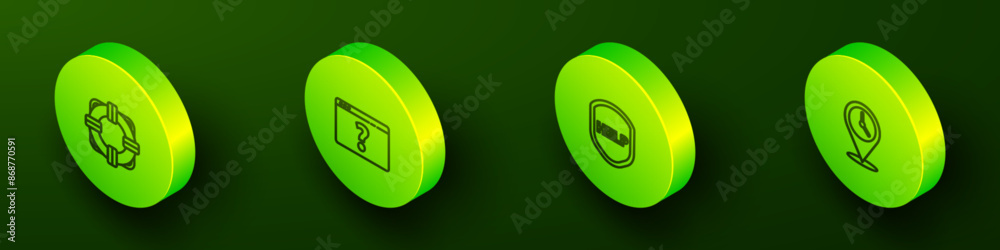 Set Isometric line Lifebuoy, Browser with question mark, Shield text Help and Location clock icon. Vector Set Isometric line Lifebuoy, Browser with question mark, Shield text Help and Location clock icon. Vector