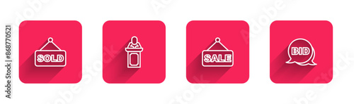 Set line Auction sold, auctioneer sells, Price tag with Sale and Bid with long shadow. Red square button. Vector