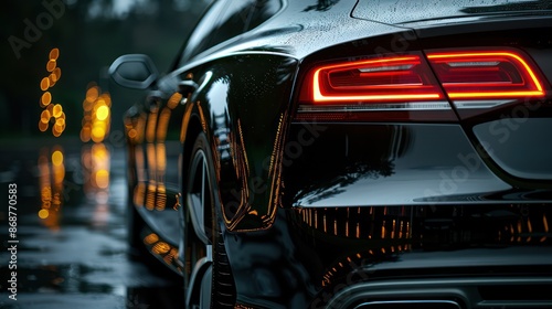 Luxurious dark sports car with illuminated taillights in rain.