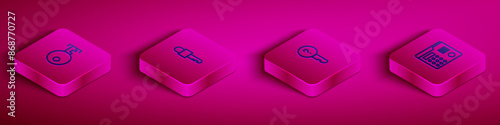 Set Isometric line Key, Locked key, Undefined and House intercom system icon. Vector
