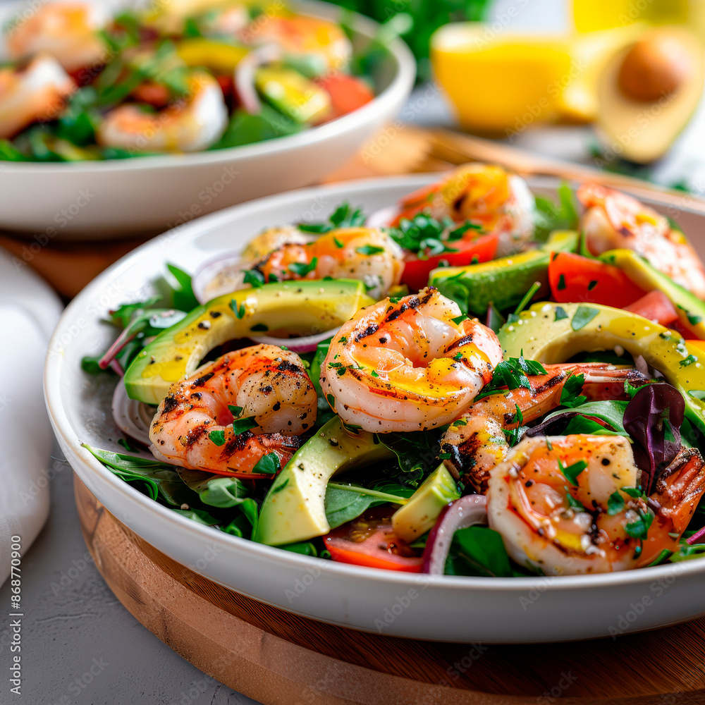 Salad of prawns. Salad of shrimps, arugula, avocado slices. Healthy concept.