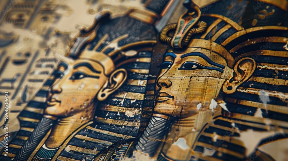Old Egyptian papyrus with pharaoh and queen