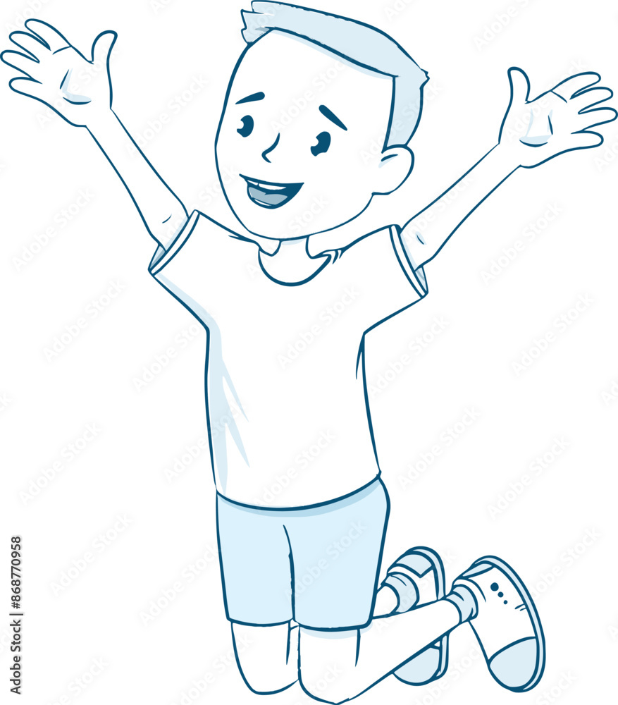 Joyful little boy jumping with raised hands illustration