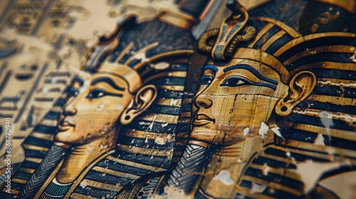 Obraz na płótnie Old Egyptian papyrus with pharaoh and queen w salonie