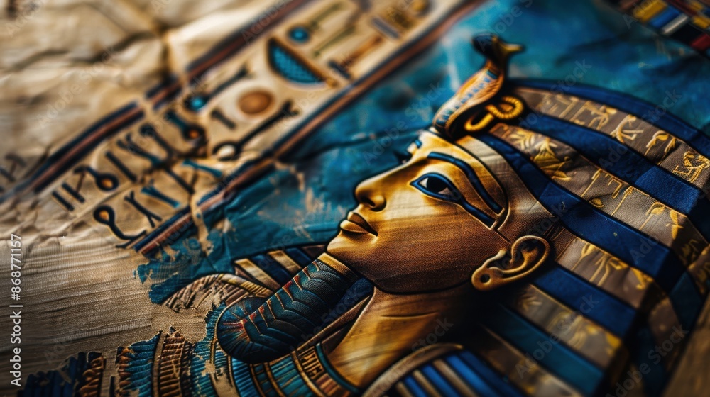 Old Egyptian papyrus with pharaoh and queen