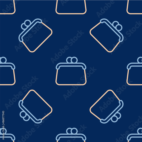 Line Handbag icon isolated seamless pattern on blue background. Female handbag sign. Glamour casual baggage symbol. Vector