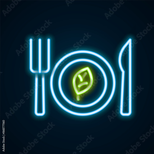 Glowing neon line Vegan food diet icon isolated on black background. Organic, bio, eco symbol. Vegan, no meat, lactose free, healthy, fresh and nonviolent food. Colorful outline concept. Vector