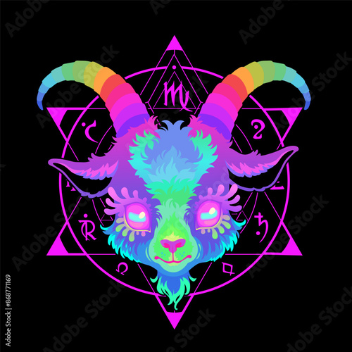 Bright rainbow Baphomet on a magic seal