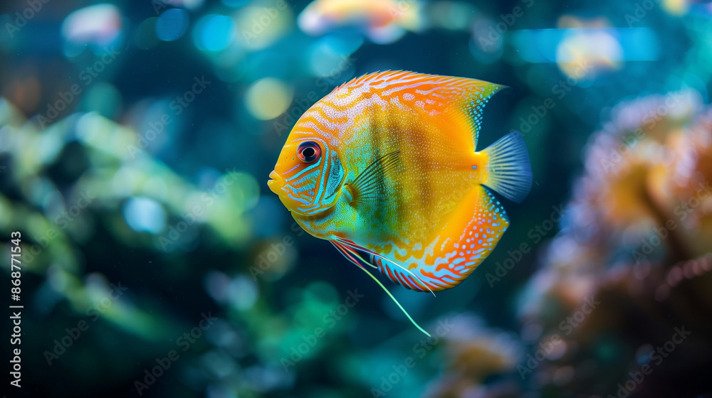 Obraz premium Close-up of a colorful discus fish in a lush aquarium setting, showcasing its intricate patterns and vibrant colors. Perfect for aquatic and wildlife visuals.