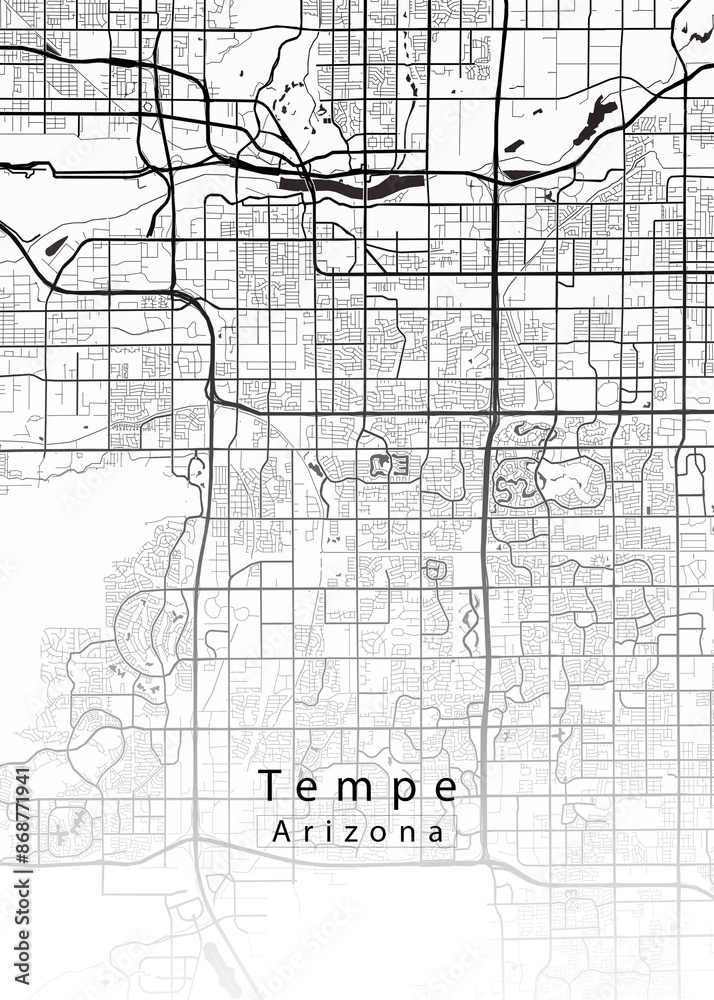 Fototapeta premium Minimalist white map of Tempe, Arizona – A modern map print highlighting infrastructure of the city, useful for tourism purposes