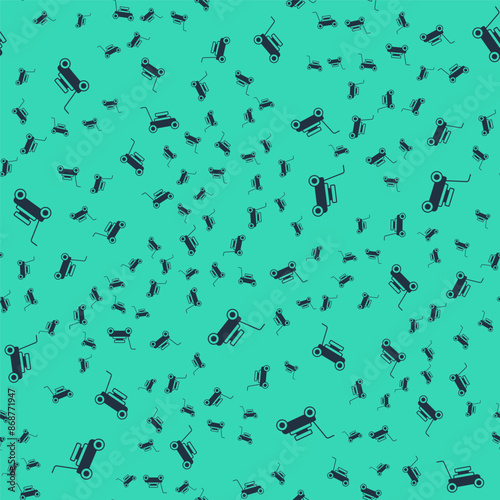 Black Lawn mower icon isolated seamless pattern on green background. Lawn mower cutting grass. Vector