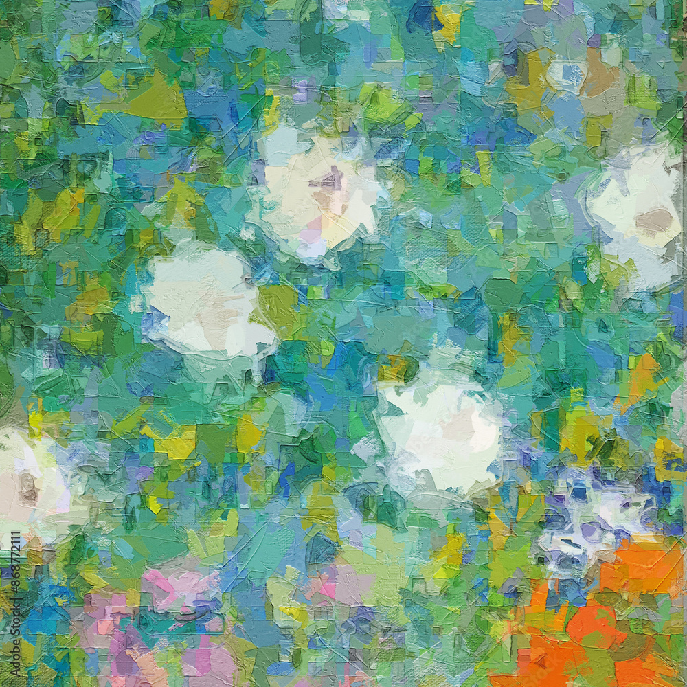 Fototapeta premium The abstract beauty of oil paintings and various flowers, cats, dogs, birds, lotus leaves, lotus flowers, and chrysanthemums