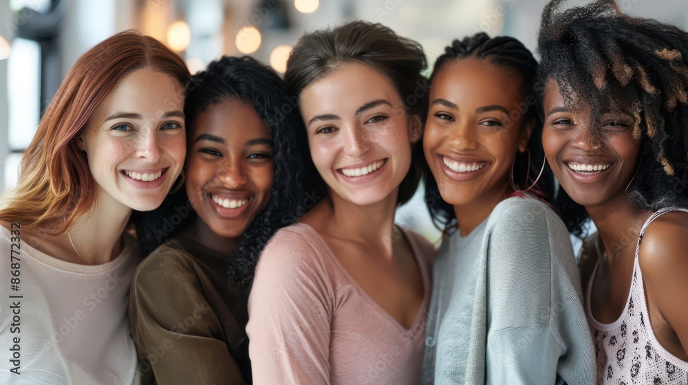 Diverse group of women smiling together in a bright, joyful moment. Diverse group of women smiling together in a bright, joyful moment.