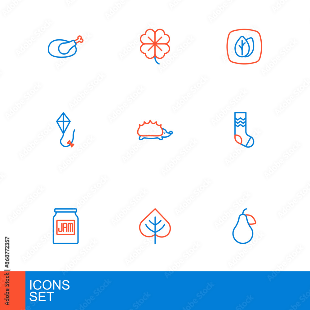 Set line Pear, Leaf, Jam jar, Socks, Kite, Hedgehog, and Four leaf clover icon. Vector Set line Pear, Leaf, Jam jar, Socks, Kite, Hedgehog, and Four leaf clover icon. Vector