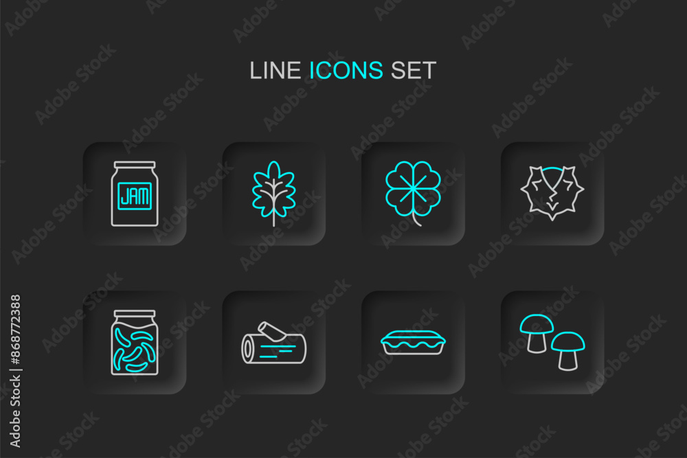 Set line Mushroom, Homemade pie, Wooden log, Pickled cucumbers in jar, Chestnut, Four leaf clover, Leaf and Jam icon. Vector Set line Mushroom, Homemade pie, Wooden log, Pickled cucumbers in jar, Chestnut, Four leaf clover, Leaf and Jam icon. Vector