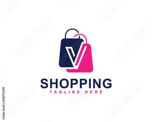 Letter V with Shopping Bag Logo. Online Shopping, Shopping Application Branding and Company Logo. Shopping Bag with Letter V Combination Logo Design.