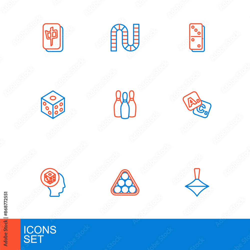 Set line Whirligig toy, Billiard balls in triangle, Game dice, Bingo, Bowling pin, Domino and Board game icon. Vector