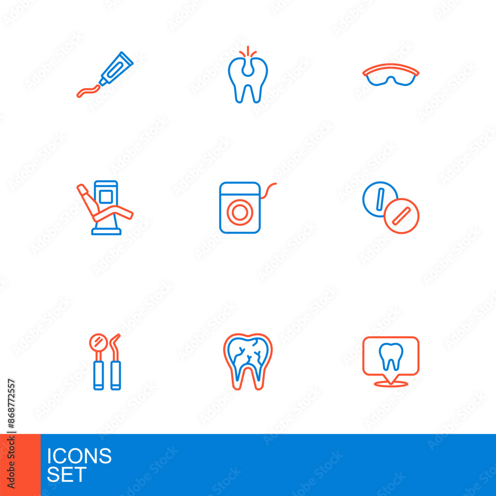 Set line Dental clinic location, Broken tooth, mirror and probe, Toothache painkiller tablet, Medical dental chair, floss, Safety goggle glasses and icon. Vector Set line Dental clinic location, Broken tooth, mirror and probe, Toothache painkiller tablet, Medical dental chair, floss, Safety goggle glasses and icon. Vector