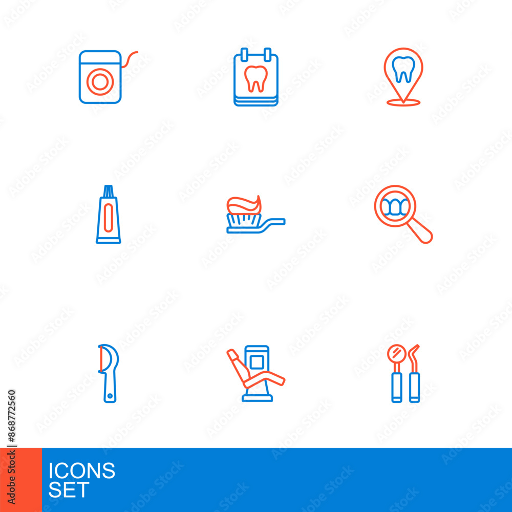 Set line Dental mirror and probe, Medical dental chair, floss, search, Tube of toothpaste, Toothbrush with, clinic location and Calendar icon. Vector
