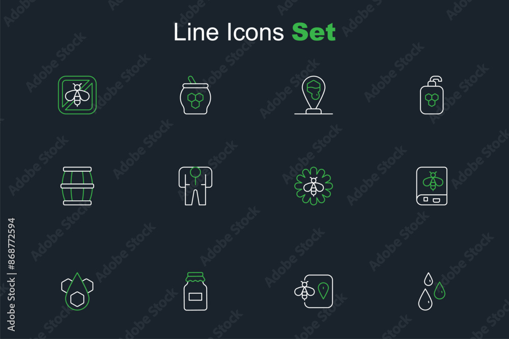 Set line Drops of honey, Bee location, Jar, Honeycomb, Book about bee, flower, Beekeeper costume and Wooden barrel with icon. Vector Set line Drops of honey, Bee location, Jar, Honeycomb, Book about bee, flower, Beekeeper costume and Wooden barrel with icon. Vector