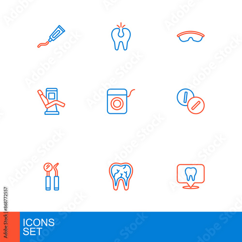 Set line Dental clinic location, Broken tooth, mirror and probe, Toothache painkiller tablet, Medical dental chair, floss, Safety goggle glasses and icon. Vector