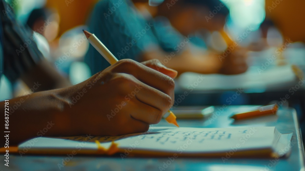 Students taking exam in classroom