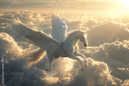Unicorn flying over clouds at sunset, 3d render illustration. Majestic Pegasus horse flying high above the clouds. Flight of the Pegasus. photo