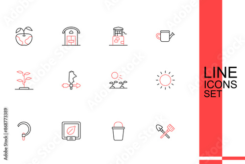 Set line Shovel and rake, Bucket, Seeds of specific plant, Sickle, Sun, Plant sprouts grow in the sun, Rooster weather vane and Sprout icon. Vector