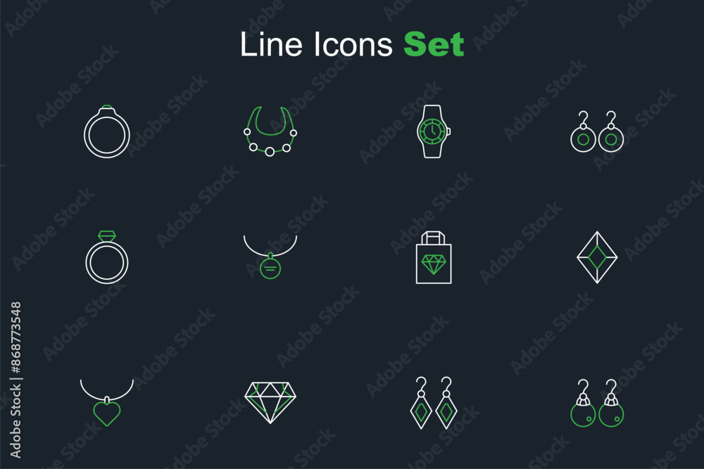 Set line Earrings, Diamond, Necklace with heart shaped, Gem stone, Shopping bag jewelry, Locket necklace and engagement icon. Vector Set line Earrings, Diamond, Necklace with heart shaped, Gem stone, Shopping bag jewelry, Locket necklace and engagement icon. Vector