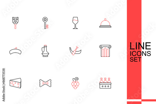 Set line Bottles of wine, Grape fruit, Macaroni, Cheese, Ancient column, Gondola boat, olive oil and French beret icon. Vector