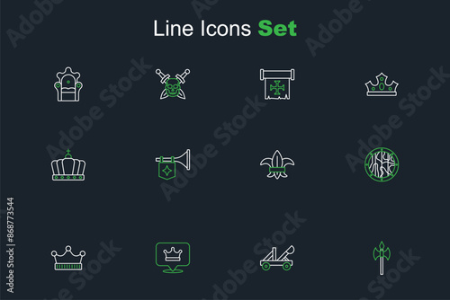 Set line Medieval axe, catapult, King crown, Round wooden shield, Fleur lys or lily flower, Trumpet with flag and icon. Vector