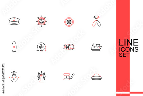 Set line Sailor hat, Marine bollard with rope, Ship steering wheel, Submarine, Cargo ship, Nautical knots, Anchor and Surfboard icon. Vector