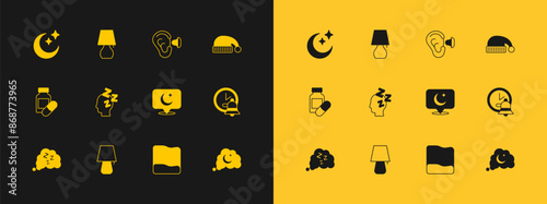 Set Sleeping hat, Table lamp, Moon and stars, Pillow, Dreams, Earplugs ear, and icon. Vector