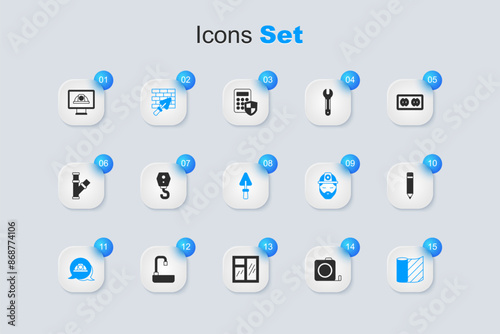Set Roulette construction, Crane hook, Brick wall with trowel, Worker safety helmet, Wallpaper, Pencil eraser, and Trowel icon. Vector