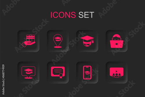 Set Certificate template, Online education, Book donation, Graduation cap mobile, Student working laptop, class, globe and speech bubble icon. Vector