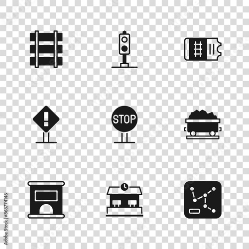 Set Railway station, Coal train wagon, map, Stop sign, Train ticket, Railway, railroad track, traffic light and Exclamation mark square icon. Vector