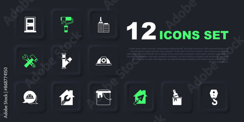 Set Paint bucket with brush, Crane hook, Industry metallic pipe, House trowel, Hammer and wrench spanner, roller and icon. Vector