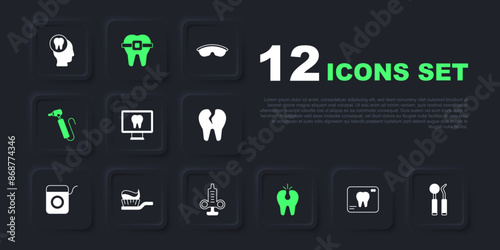 Set X-ray of tooth, Dental mirror and probe, Online dental care, Broken, Tooth drill, Toothbrush with toothpaste, Teeth braces and Syringe icon. Vector