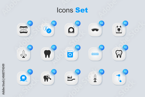 Set Syringe, Tooth, Toothache painkiller tablet, drill, Broken tooth, Dentures model and Dental floss icon. Vector