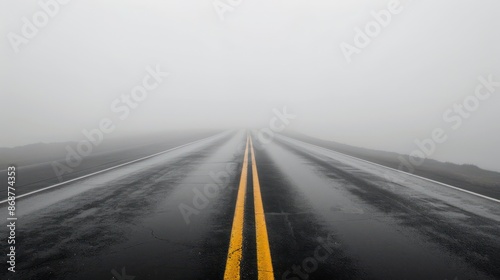 Long straight road disappears into distant fog on a rainy day.