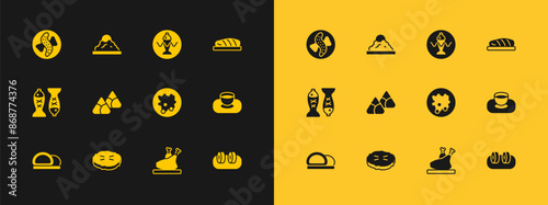 Set Fish steak, Homemade pie, Rice in bowl, Roasted turkey or chicken, Zongzi bamboo steamer, Served fish plate, cucumber and icon. Vector