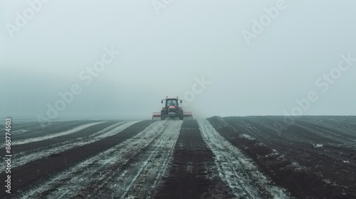 A tractor plowing fields in heavy fog, early morning farm landscape. © Matthew