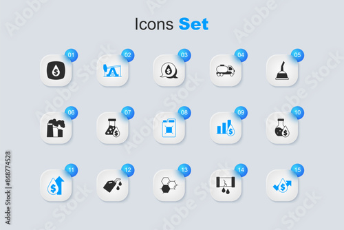 Set Broken oil pipe with valve, Oil petrol test tube, pump or pump jack, price increase, drop dollar symbol and Canister for gasoline icon. Vector